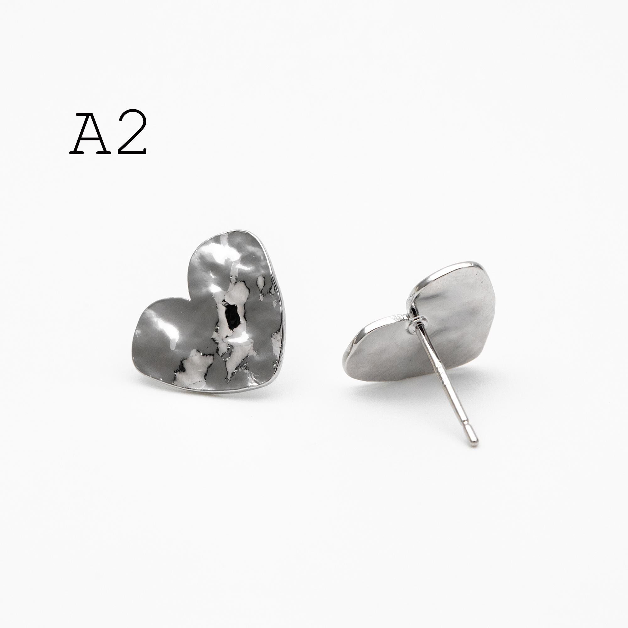 10pcs Gold/ Silver Hammered Heart/ Square Earrings, Real Gold/ Rhodium plated Brass, Geometric Earring Studs (GB-4567)